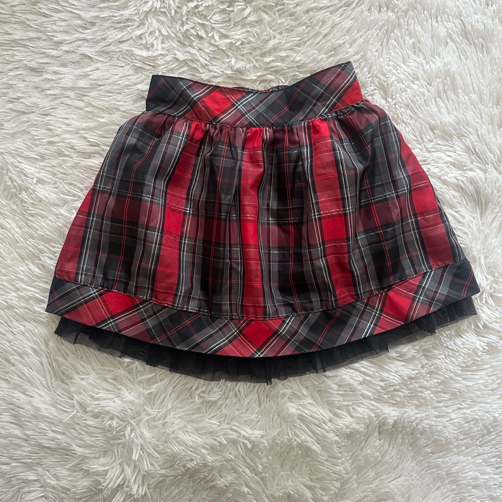 CHEROKEE Girls' Red, Black, and Silver Plaid Holiday Skirt Tulle Trim Size 7/8